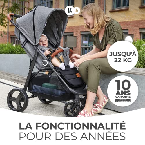 Kinderkraft GRANDE PLUS Poussette Canne dès la Naissance jusqu’à 22 kg, Pliage d'une seule main, Position allongée, Capote extensible, 4 Roues amorties, Gris :Bébé et Puériculture