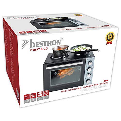 Bestron, Cuisinière Grill   Four avec Plaque de Cuisson Double, Chaleur Supérieure/Inférieure, Circulation d'Air Chaud, Jusqu'à 230°, 3200 Watt, Noir