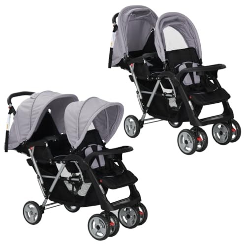 vidaXL Poussette à Deux Places Acier Gris et Noir Pliable Landu d'enfant Bébé
