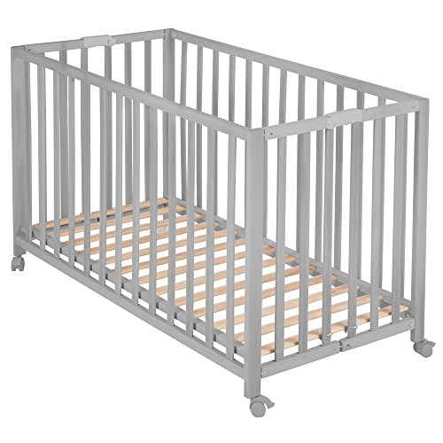 roba Lit Bébé Pliant en Hêtre Fold Up 60 x 120 cm   avec roulettes à Freins   Hauteur Réglable 2 Fois   Taupe