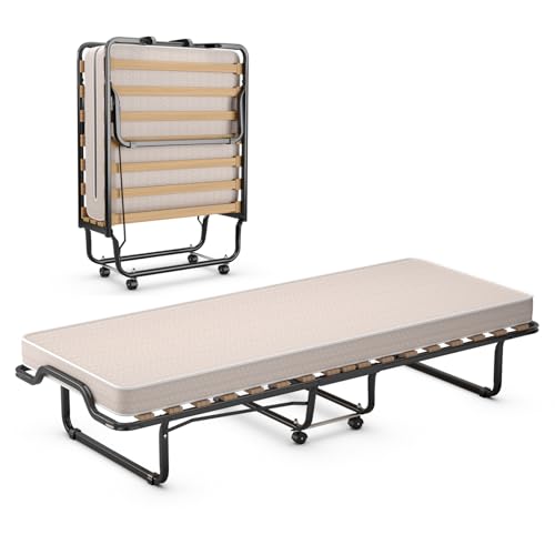 GOPLUS Lit d'appoint 80 x 200 cm avec structure en métal et matelas en mousse à mémoire de forme, lit simple avec 4 roues universelles pour bureau, chambre à coucher et salon (beige, 80 x 200 cm) :Cuisine et Maison