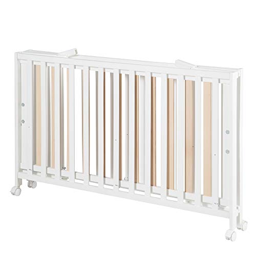roba Lit Bébé Pliant en Hêtre "Fold Up" 60x120 cm   avec Roulettes à Freins   Blanc