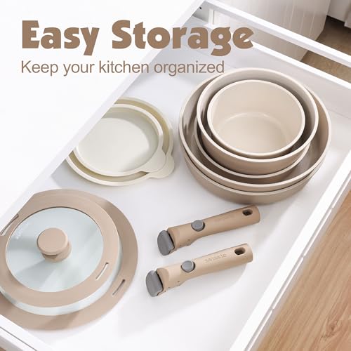 SENSARTE 17 Pièces Lot Poele et Casserole Induction, Revêtement Céramique Antiadhésif, Batterie de Cuisine avec Couvercle, Poignées Amovibles，Empilable, Compatible Lave vaisselle, Sans PFOA et PFAS