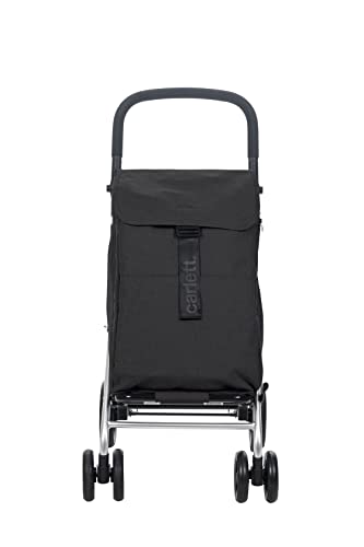Carlett   Chariot de courses, Chariot de supermarché pliable avec 4 roues, résistant à la pluie et une grande capacité de 32kg, sac principal de 64L, glacière de 10,5L et poche arrière   Couleur Noir