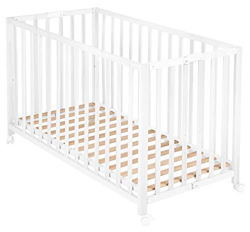 roba Lit Bébé Pliant en Hêtre "Fold Up" 60x120 cm   avec Roulettes à Freins   Blanc