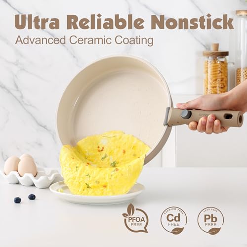 SENSARTE 17 Pièces Lot Poele et Casserole Induction, Revêtement Céramique Antiadhésif, Batterie de Cuisine avec Couvercle, Poignées Amovibles，Empilable, Compatible Lave vaisselle, Sans PFOA et PFAS