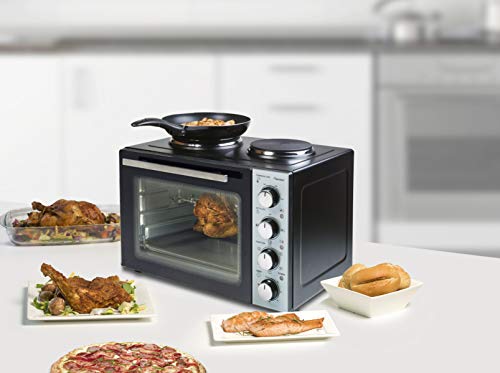 Bestron, Cuisinière Grill   Four avec Plaque de Cuisson Double, Chaleur Supérieure/Inférieure, Circulation d'Air Chaud, Jusqu'à 230°, 3200 Watt, Noir