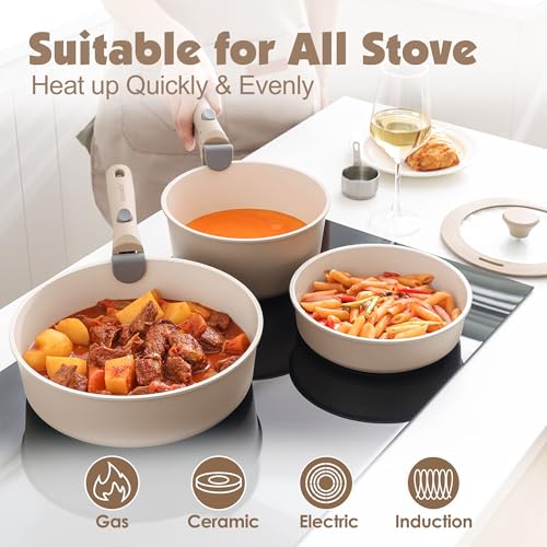 SENSARTE 17 Pièces Lot Poele et Casserole Induction, Revêtement Céramique Antiadhésif, Batterie de Cuisine avec Couvercle, Poignées Amovibles，Empilable, Compatible Lave vaisselle, Sans PFOA et PFAS