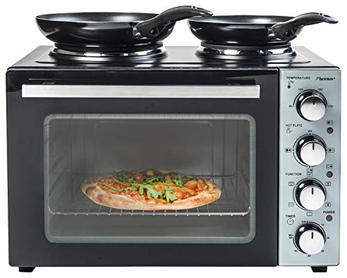 Bestron, Cuisinière Grill   Four avec Plaque de Cuisson Double, Chaleur Supérieure/Inférieure, Circulation d'Air Chaud, Jusqu'à 230°, 3200 Watt, Noir