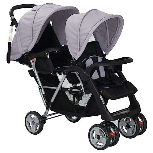 vidaXL Poussette à Deux Places Acier Gris et Noir Pliable Landu d'enfant Bébé