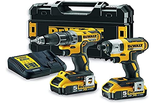 DEWALT   Kit 2 Outils avec Perceuse Visseuse Compact DCD791 et Visseuse à Chocs DCF887, XR 18V, 5Ah   DCK268P2T QW   Sans Fil   3 Vitesses   Pour Métal, Béton et Bois :Bricolage