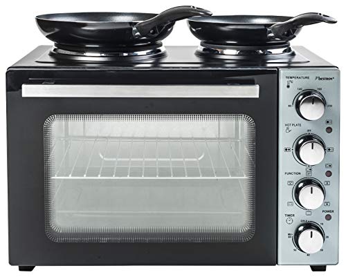 Bestron, Cuisinière Grill   Four avec Plaque de Cuisson Double, Chaleur Supérieure/Inférieure, Circulation d'Air Chaud, Jusqu'à 230°, 3200 Watt, Noir