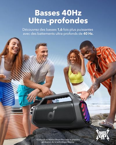 Soundcore Boom 2 Plus Enceinte Bluetooth puissante, 140W, 2 2 canaux stéréo, BassUp 2.0,Charge Rapide 30W, 20h, IPX7, lumières RGB, USB C, pour l'extérieur, Le Camping, la Plage et Le Jardin