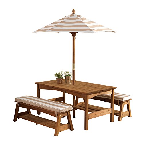KidKraft Table et Bancs de Jardin pour Enfant avec Coussins et Parasol, Salon de Jardin extérieur en Bois pour Enfants, Rayé écru et Blanc, 00500 :Jardin