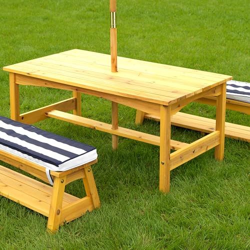 KidKraft Table et Bancs de Jardin pour Enfant avec Coussins et Parasol, Salon de Jardin extérieur en Bois pour Enfants, Rayé Bleu Marine et Blanc, 00106