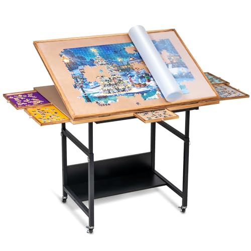 Becko US Table de puzzle avec tiroirs et couvercle, chevalet inclinable avec hauteur réglable jusqu'à 1500 pièces, fermée avec 4 roues :Jeux et Jouets