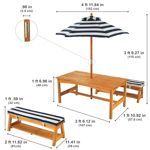 KidKraft Table et Bancs de Jardin pour Enfant avec Coussins et Parasol, Salon de Jardin extérieur en Bois pour Enfants, Rayé Bleu Marine et Blanc, 00106