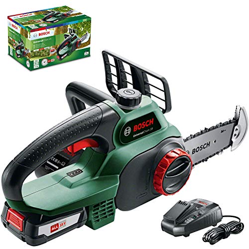 Bosch Home and Garden Tronçonneuse sans Fil   Universal Chain 18 (Livrée avec 1 Batterie 18v   2,5ah, Huile 80 Ml, Système 18v, Longueur de Guide: 20cm) Vert