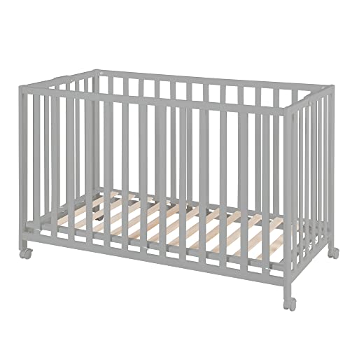 roba Lit Bébé Pliant en Hêtre Fold Up 60 x 120 cm   avec roulettes à Freins   Hauteur Réglable 2 Fois   Taupe