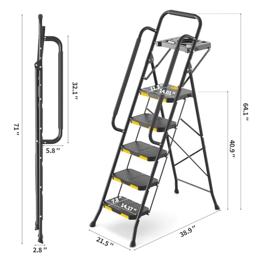 KINGRACK Escabeau 5 Marches avec Plateau à Outils et Large Pédale Antidérapante, Marche Pied Pliable avec Mains Courantes, Échelle Domestique pour Maison Cuisine Garde Manger Placards et Bureau, Noir