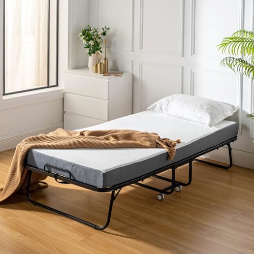HOMYLIN Lit Pliant, avec Matelas, Portable, avec Housse de Couette et Roues, 96 x 190 cm, lit d'invité pour Adulte, Pliable, avec Matelas en Mousse de 12 cm