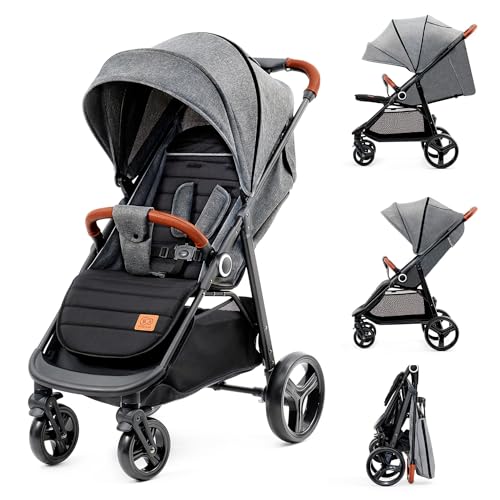Kinderkraft GRANDE PLUS Poussette Canne dès la Naissance jusqu’à 22 kg, Pliage d'une seule main, Position allongée, Capote extensible, 4 Roues amorties, Gris :Bébé et Puériculture