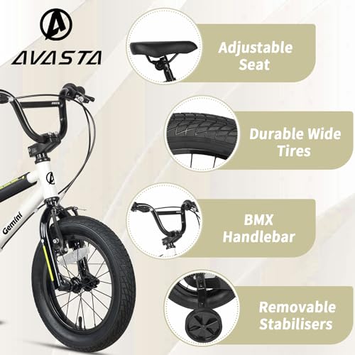 AVASTA 12 Pouces vélo Enfant Style BMX avec Roues de Support Frein à rétropédalage pour 1 2 3 4 Ans garçons Filles Bambins débutants Coureur, Blanc :Sports et Loisirs