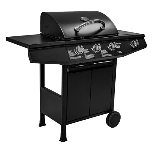 Amig   Barbecue à gaz Fireplus 3 1 de 8,4 kW | Acier inoxydable Noir | Plancha avec roues Modèle GRILL 3F | Grille XXL avec roues et thermomètre | 117x52x103 cm | 4 brûleurs et Plateau latéral