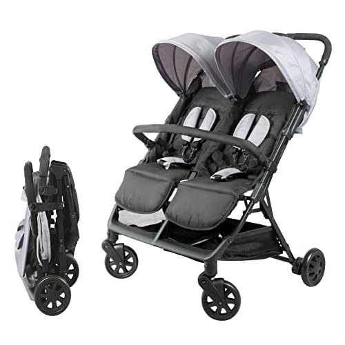 Bambisol Poussette Double Côte à Côte | Idéale pour Jumeaux dès Naissance avec Pliage Ultra Compact | Coloris Noir et Gris