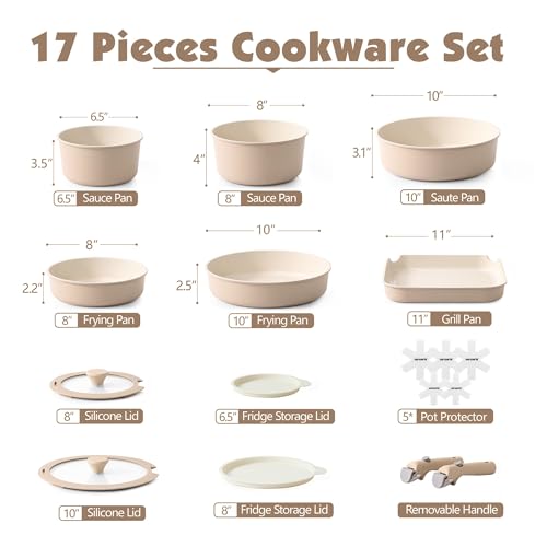 SENSARTE 17 Pièces Lot Poele et Casserole Induction, Revêtement Céramique Antiadhésif, Batterie de Cuisine avec Couvercle, Poignées Amovibles，Empilable, Compatible Lave vaisselle, Sans PFOA et PFAS