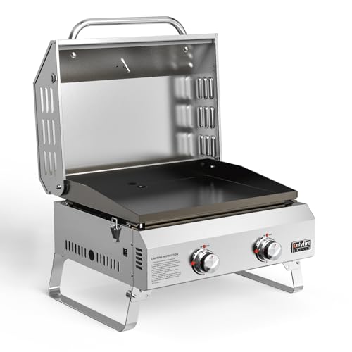 onlyfire Barbecue à Gaz 2 Brûleurs en Acier Inoxydable, Barbecue de Table avec Couvercle et Plaque de Gril en Céramique, Zone de Cuisson 45,8x36CM, pour Camping et l' Extérieur