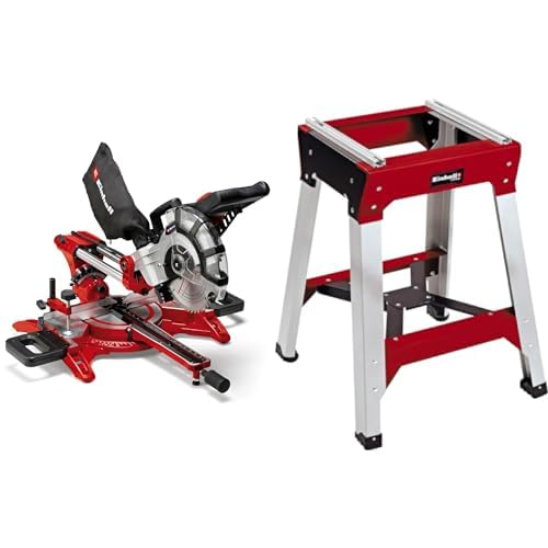 Einhell Scie à onglet radiale TC SM 2131/1 Dual (max. 1 800 W, 4 900 tour/min, système de glissière intégré, avec lame aux carbures de tungstène et laser) VERSION KIT avec Piètement Universel