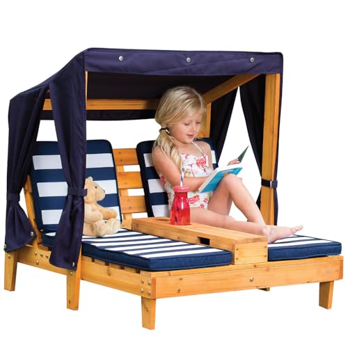 KidKraft Chaise Longue en Bois pour Enfant avec Coussins, Bain de Soleil Double, Salon de Jardin extérieur pour Enfants, Bleu Marine et Blanc, 00524