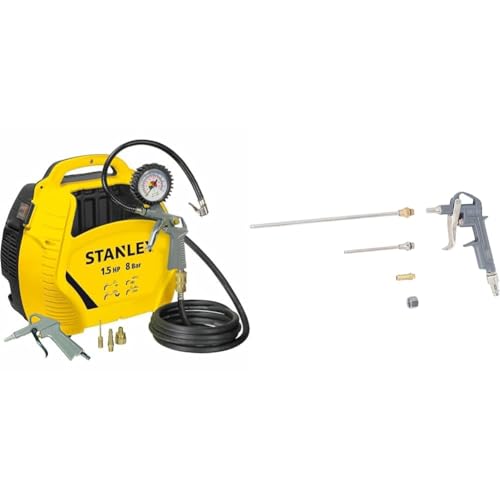 Stanley AIR KIT Compresseur Ultra compact et portatif sans cuve 1,5HP/8bar avec accessoires 1868 &amp; BGS 3215 | Soufflette à air comprimé | fonte d’aluminium | 3 buses
