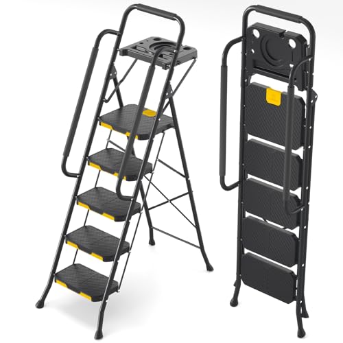 KINGRACK Escabeau 5 Marches avec Plateau à Outils et Large Pédale Antidérapante, Marche Pied Pliable avec Mains Courantes, Échelle Domestique pour Maison Cuisine Garde Manger Placards et Bureau, Noir
