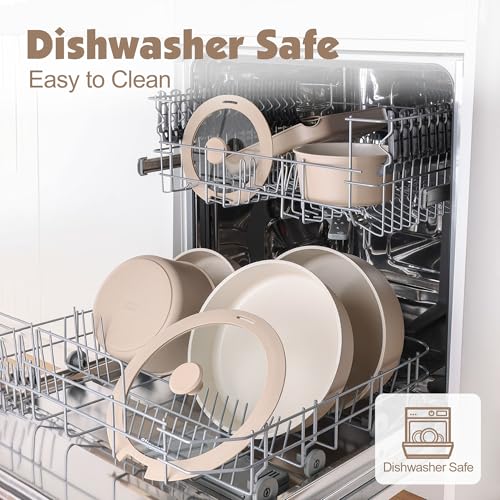 SENSARTE 17 Pièces Lot Poele et Casserole Induction, Revêtement Céramique Antiadhésif, Batterie de Cuisine avec Couvercle, Poignées Amovibles，Empilable, Compatible Lave vaisselle, Sans PFOA et PFAS