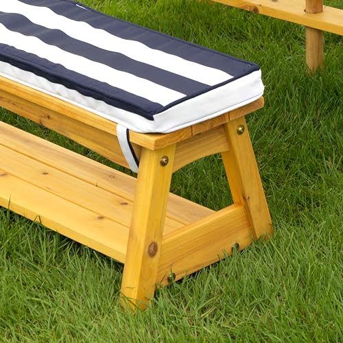 KidKraft Table et Bancs de Jardin pour Enfant avec Coussins et Parasol, Salon de Jardin extérieur en Bois pour Enfants, Rayé Bleu Marine et Blanc, 00106
