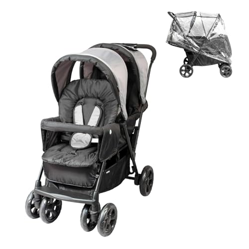 Bambisol Poussette Double | Toute Equipée, Habillage Pluie Inclus, Pliage Facile | Gris Noir