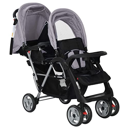 vidaXL Poussette à Deux Places Acier Gris et Noir Pliable Landu d'enfant Bébé
