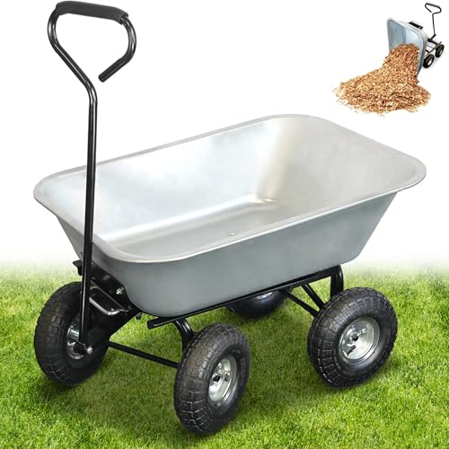 Chariot de Jardin à Main 75L   Remorque Brouette 4 Roues Gonflables Ø 260 mm   Benne Basculante   Capacité de Charge Max 250 KG   Long Manche   86 x 60,5 CM   Métal Galvanisé