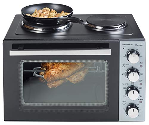 Bestron, Cuisinière Grill   Four avec Plaque de Cuisson Double, Chaleur Supérieure/Inférieure, Circulation d'Air Chaud, Jusqu'à 230°, 3200 Watt, Noir
