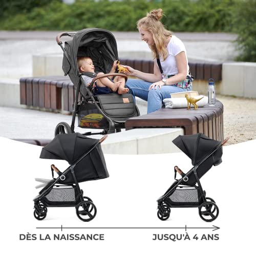 Kinderkraft GRANDE PLUS Poussette Canne dès la Naissance jusqu’à 22 kg, Pliage d'une seule main, Position allongée, Capote extensible, 4 Roues amorties, Noir